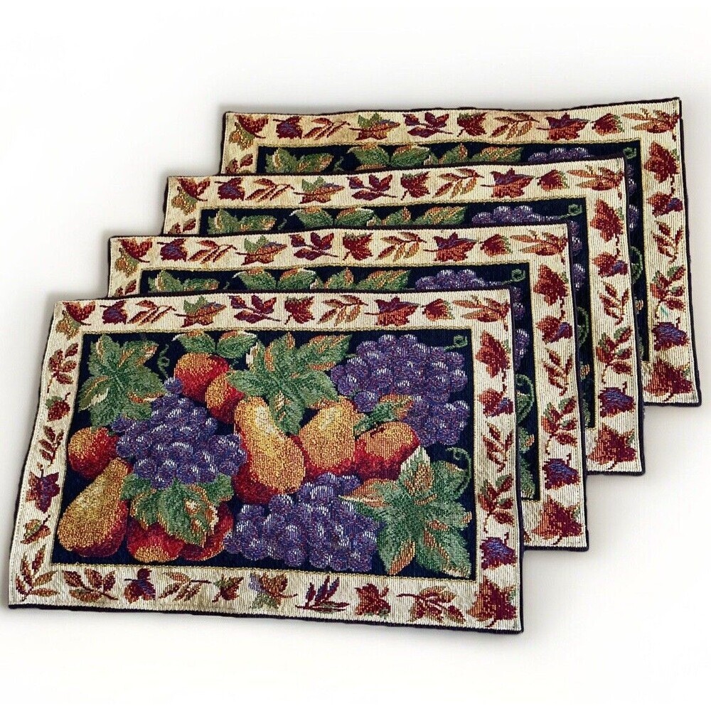 Vintage Set Of 4 Placemats Pear Grapes Garland Leaves Fruit Tapestry Fall *READ*
